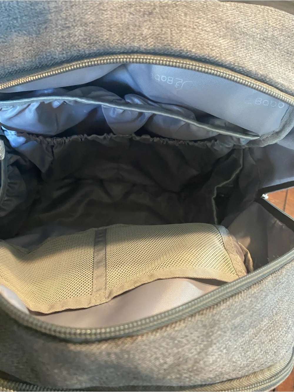 Gray Quilted Canvas Diaper Backpack with Brown Accents